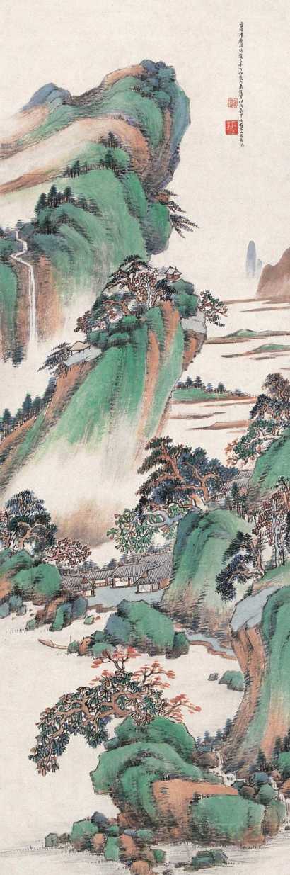 萧俊贤 戊辰（1928年作） 青绿山水 立轴